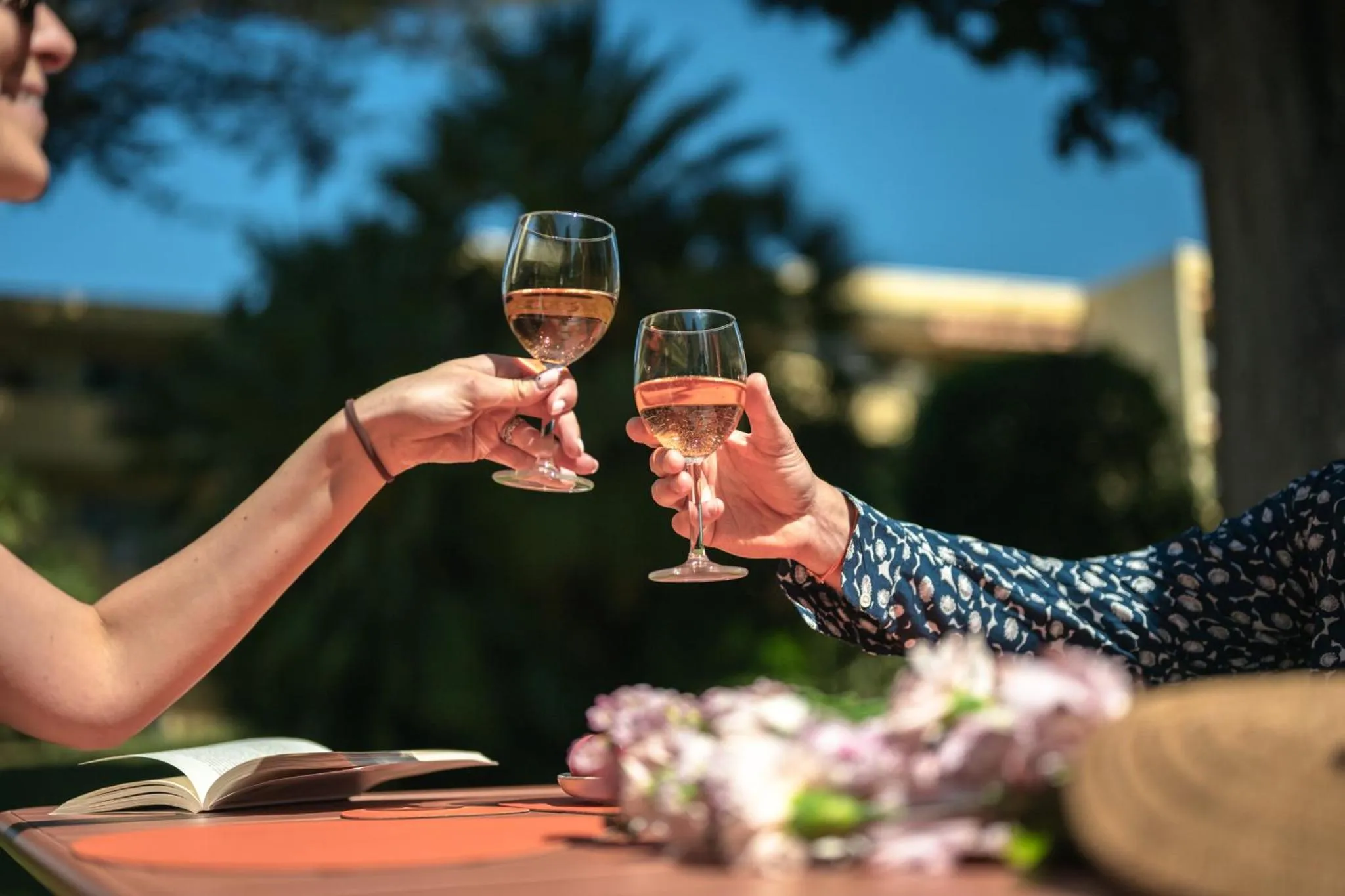 Deux personnes trinquent avec des verres de vin sur une table en extérieur.