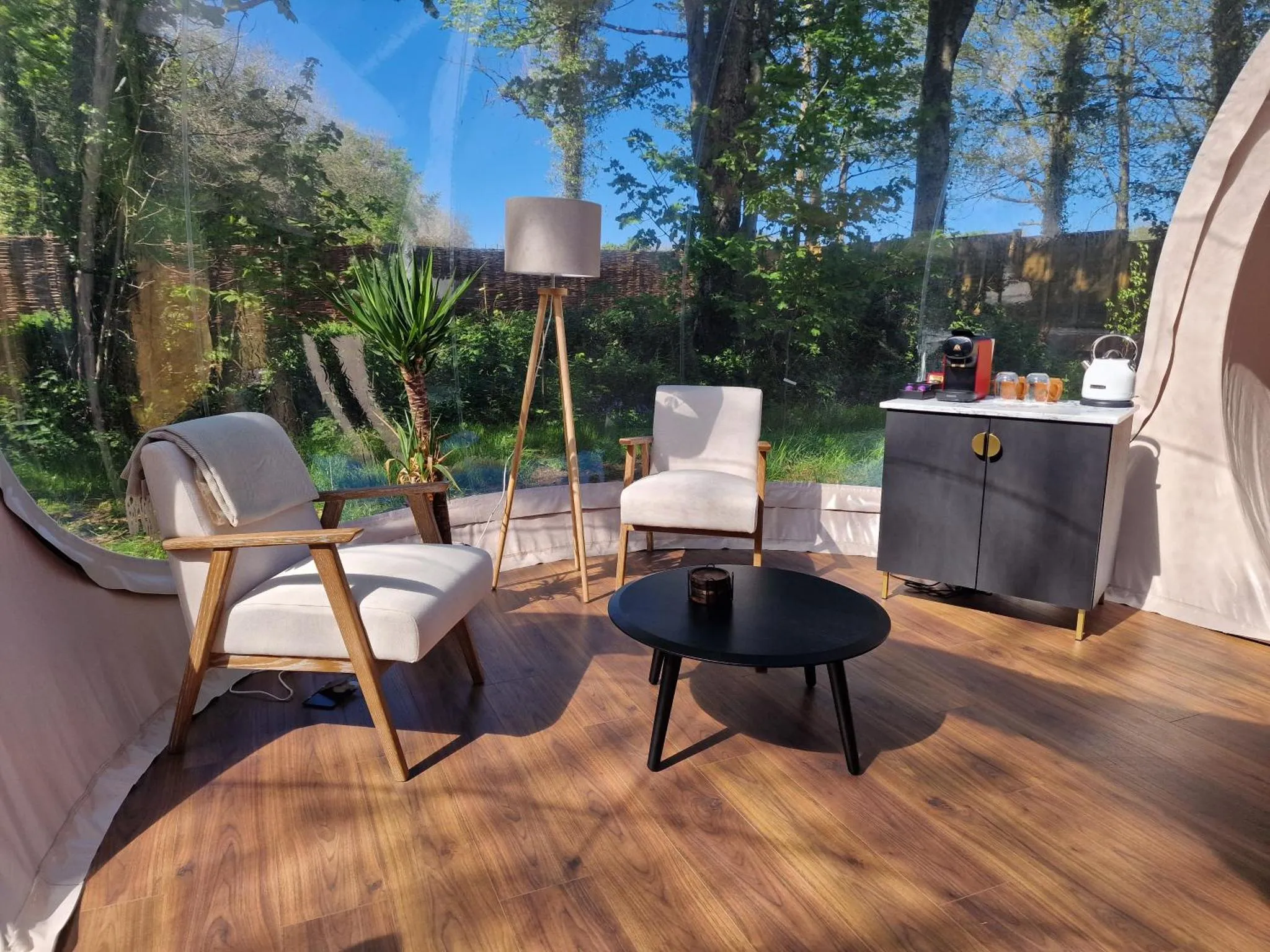 Espace de détente intérieur avec mobilier clair et vue sur la végétation.