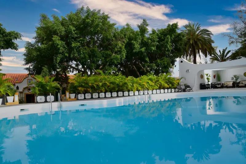 Une piscine turquoise bordée d'une terrasse ensoleillée avec une végétation luxuriante en arrière-plan.
