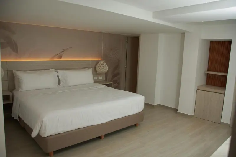Une chambre lumineuse avec un grand lit et une décoration sobre.