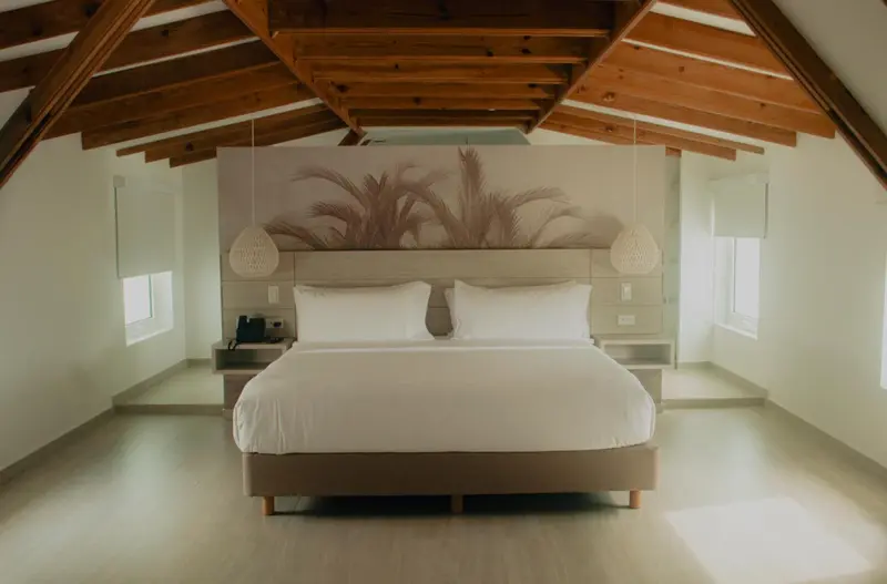 Une chambre lumineuse avec un grand lit et une décoration sobre.