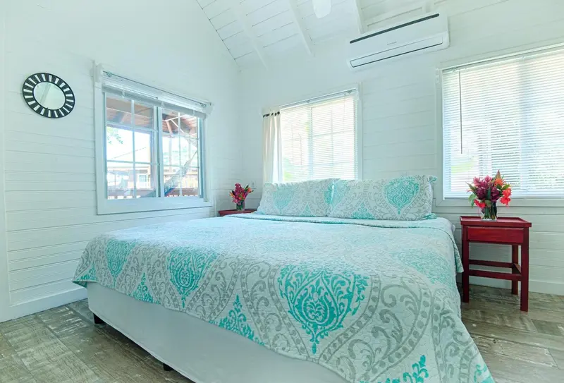 Une chambre lumineuse avec un grand lit recouvert d'une courtepointe décorative.