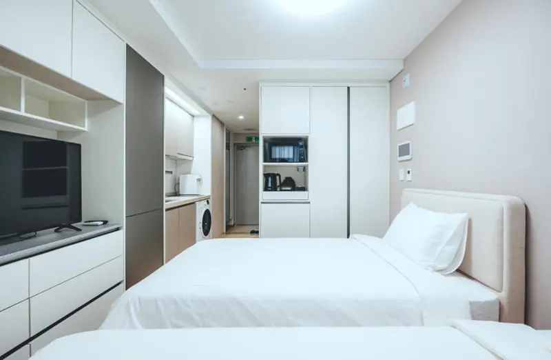Une chambre lumineuse avec un lit et un coin cuisine.