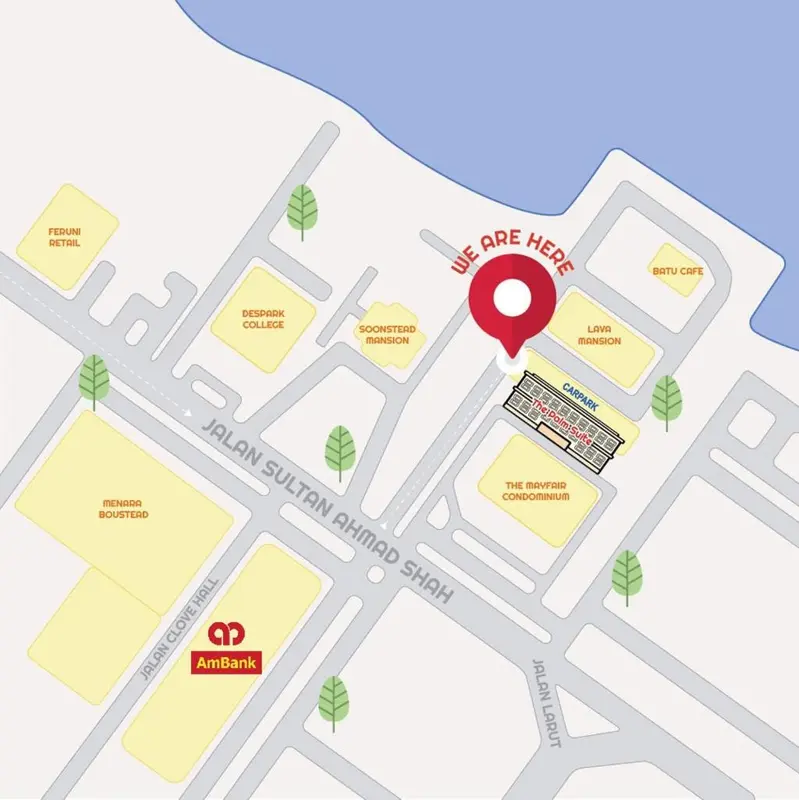 Plan stylisé d'un quartier urbain avec des bâtiments et des rues.