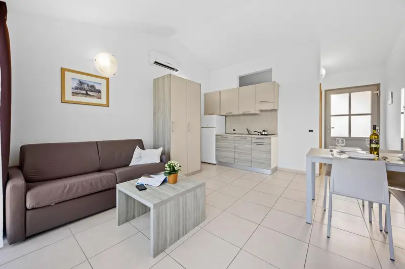 Espace de vie lumineux avec canapé, cuisine équipée et table à manger.