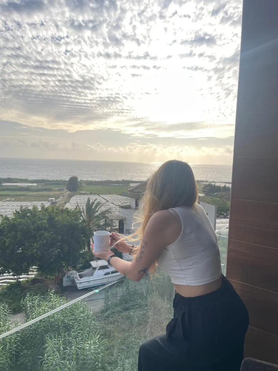 Une personne admire la vue sur la mer depuis un balcon.