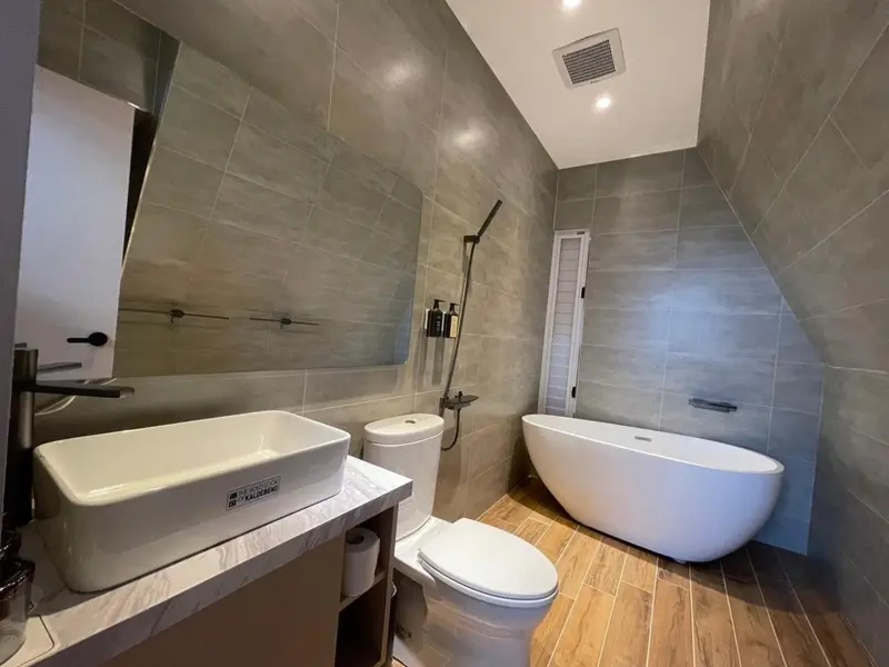 Une salle de bain moderne avec douche à l'italienne et baignoire.