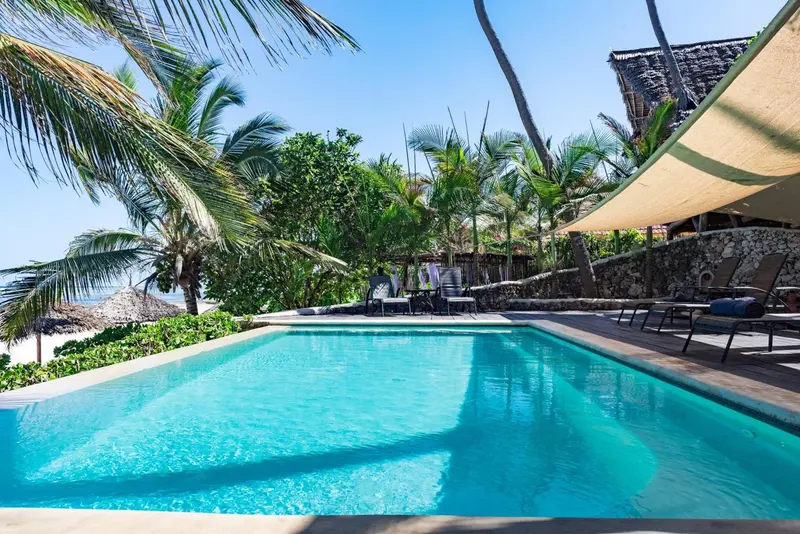 Une piscine rectangulaire bordée de chaises longues se trouve dans un jardin tropical.