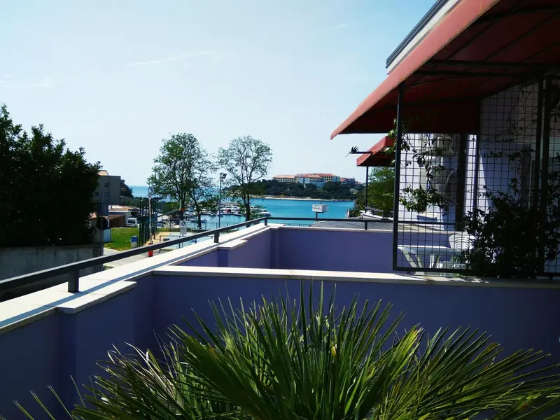 Terrasse ombragée donnant sur une vue côtière et une baie.