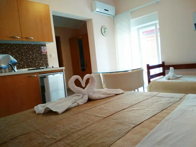 Une chambre lumineuse avec un lit décoré de serviettes en forme de cygnes et une kitchenette.