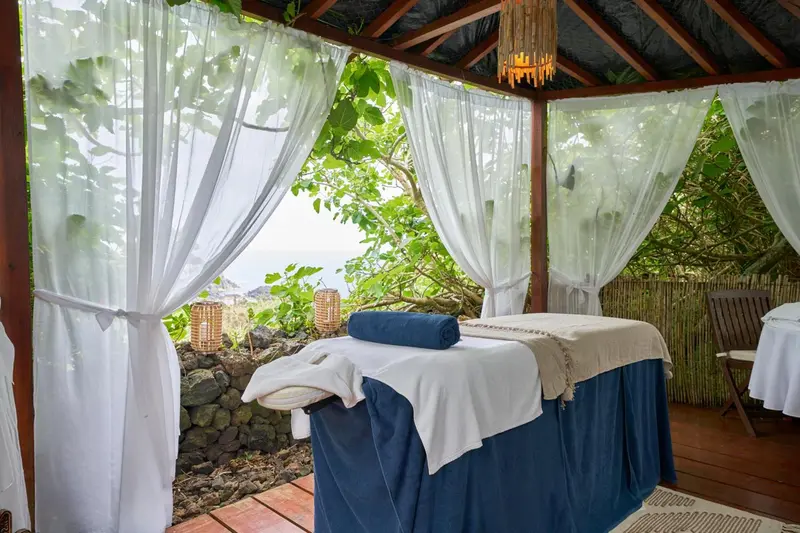 Un espace de massage en plein air offre une vue sur la végétation et la mer.