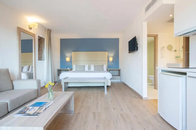 Une chambre lumineuse avec un canapé, un lit et une kitchenette.