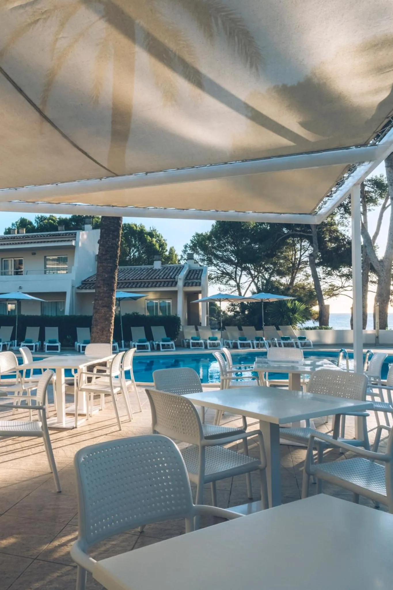 Terrasse ombragée avec tables et chaises près d'une piscine.