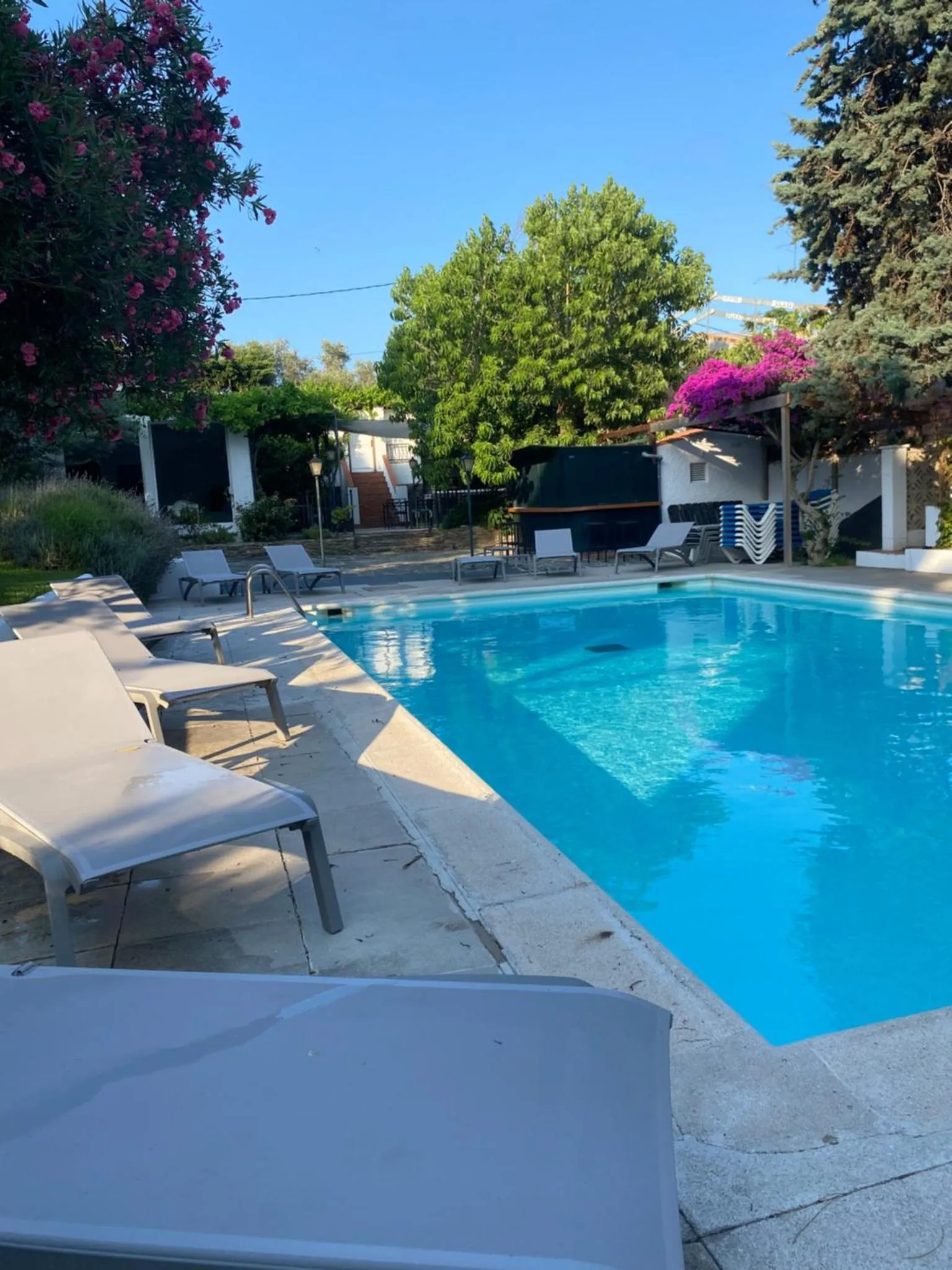 Transats gris disposés autour d'une piscine rectangulaire turquoise.