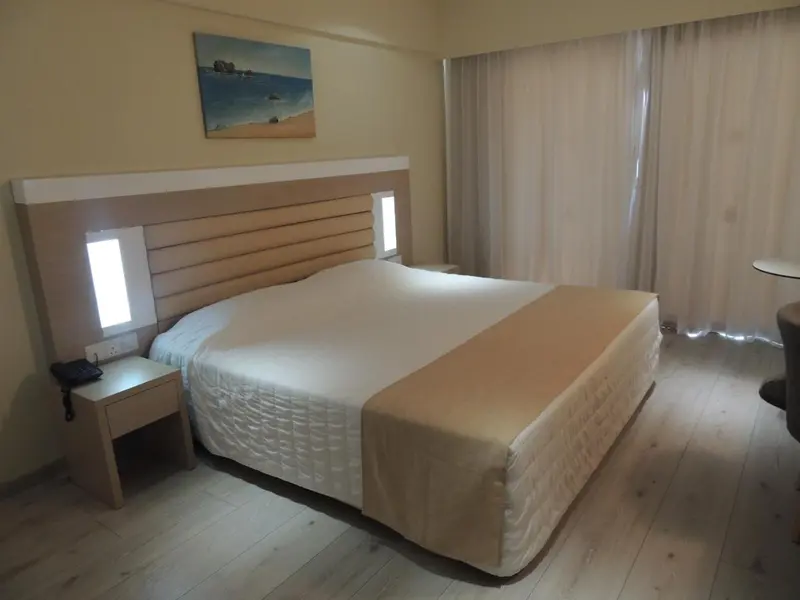 Une chambre lumineuse avec un grand lit et une décoration sobre.