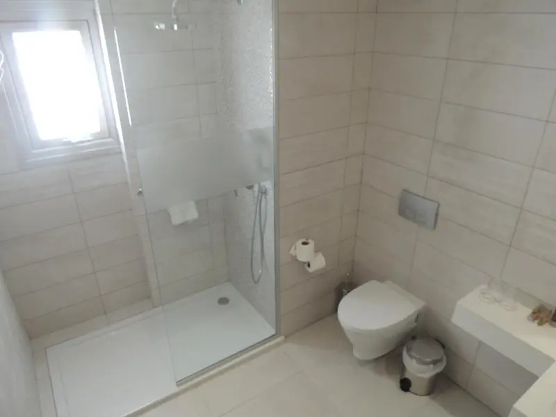 Une salle de bain claire avec douche à l'italienne et toilettes.
