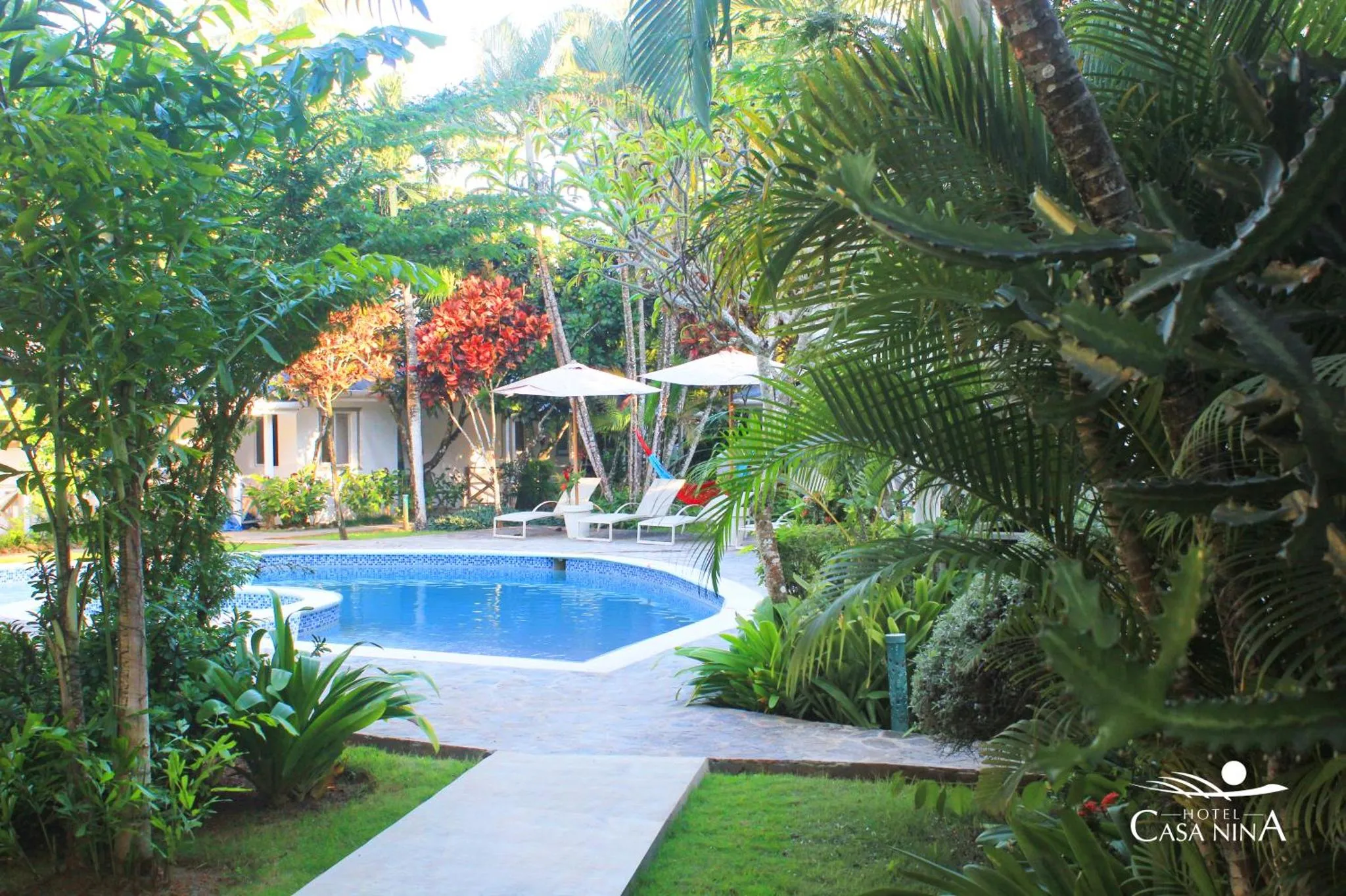 Une piscine rectangulaire bordée d'une terrasse avec des transats et des parasols.