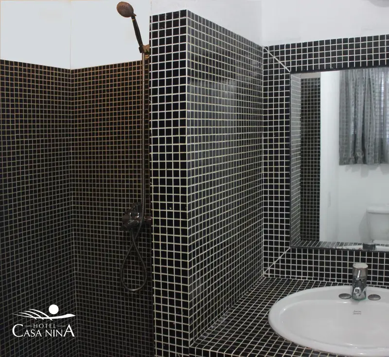 Une douche à l'italienne carrelée de noir se trouve dans une salle de bain.