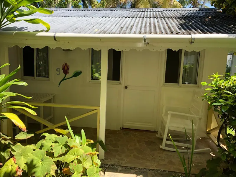 Façade d'une petite maison blanche avec une terrasse et une végétation luxuriante.