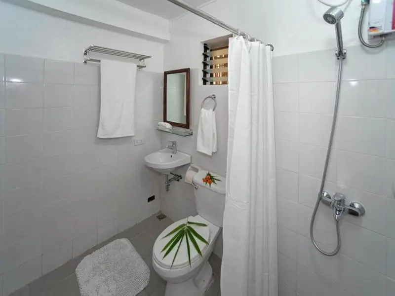 Une salle de bain claire avec douche, lavabo et toilettes.