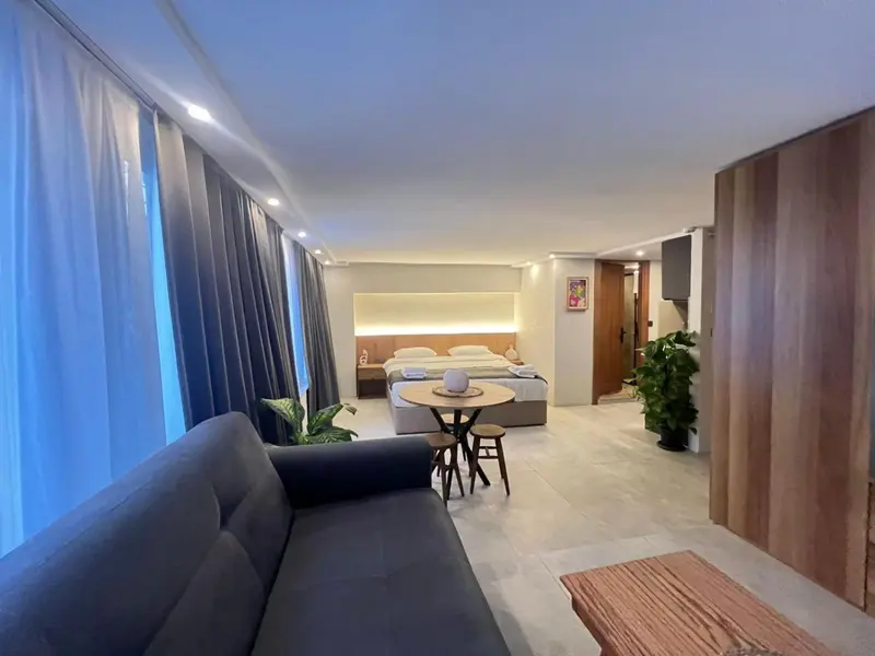 Espace de vie lumineux avec canapé, table basse et lit.
