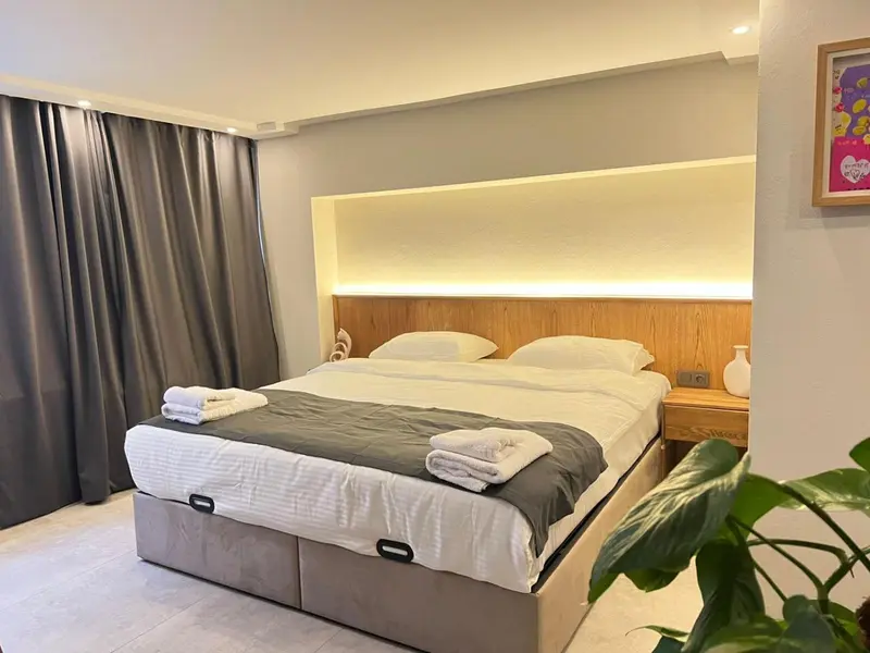 Une chambre avec un grand lit et une décoration moderne.