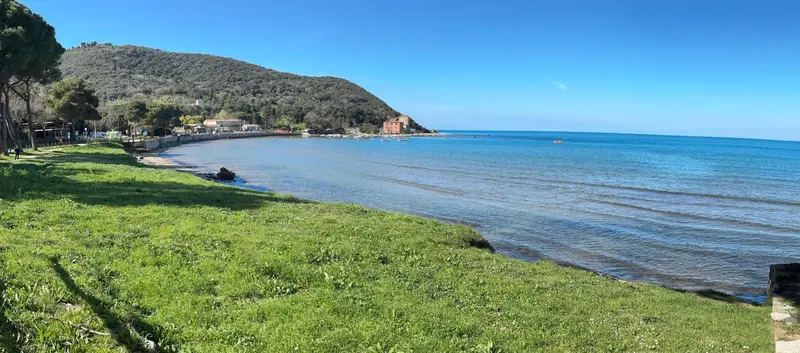 Une plage de sable bordée d'une végétation verte et d'une eau turquoise.