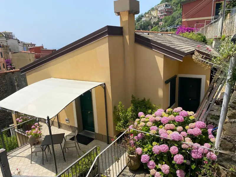 Façade d'une maison jaune avec une terrasse fleurie et un store.