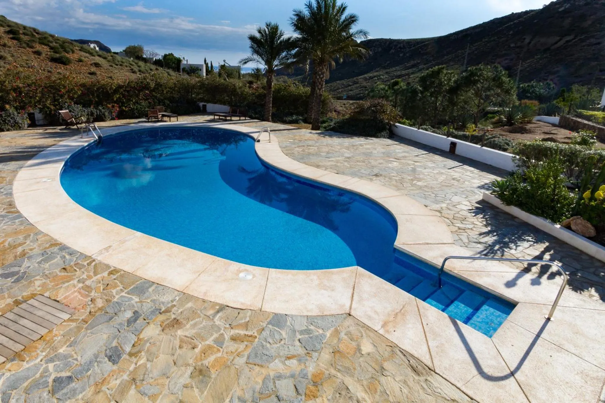 Piscine extérieure avec terrasse en pierre et végétation luxuriante.