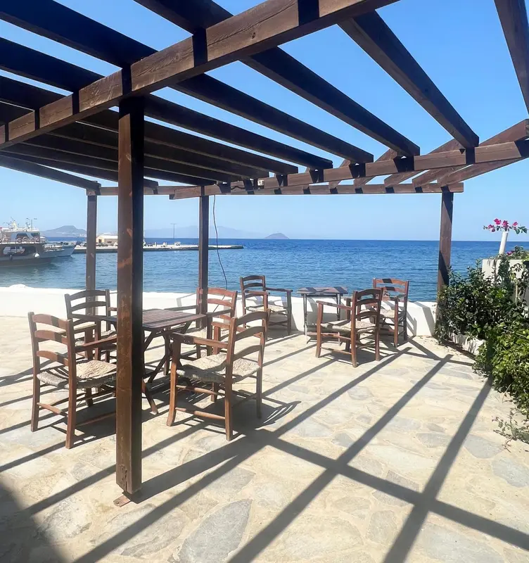 Terrasse ombragée avec tables et chaises donnant sur la mer.