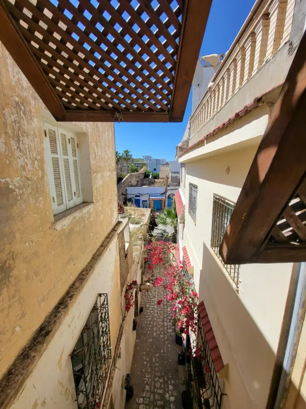 Vue sur une ruelle pavée bordée de bâtiments aux façades claires.