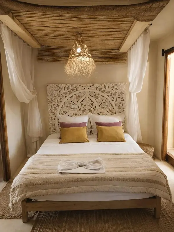 Un lit recouvert de textiles clairs et de coussins colorés se trouve dans une chambre décorée de manière exotique.