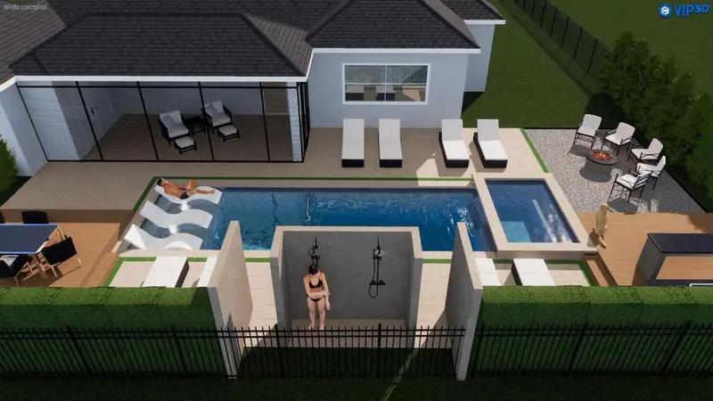 Vue aérienne d'une piscine rectangulaire avec des chaises longues et une douche extérieure.
