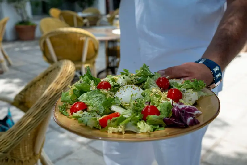 Un serveur présente une assiette de salade fraîche sur une terrasse ensoleillée.