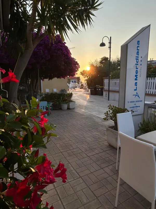 Terrasse fleurie d'un hôtel au coucher du soleil.