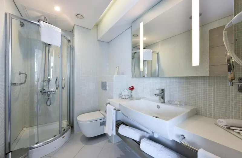 Une salle de bain moderne avec douche à l'italienne et vasque blanche.
