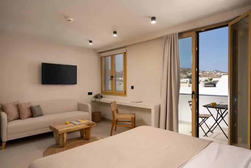 Espace de vie lumineux avec canapé, bureau et accès à une terrasse.