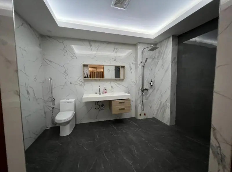 Une salle de bain moderne avec douche à l'italienne et vasque.