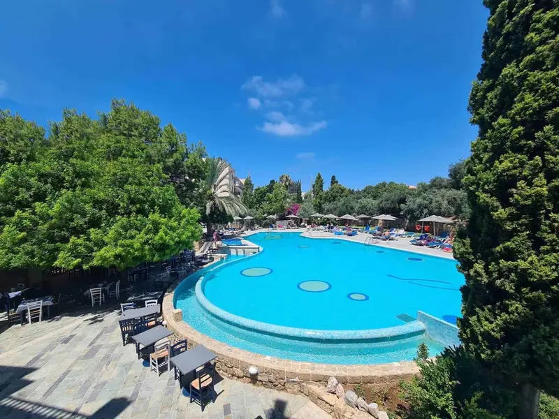 Une piscine turquoise aux formes arrondies avec des transats et des parasols.