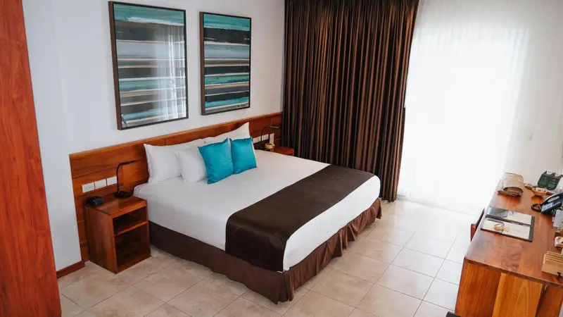 Une chambre avec un grand lit recouvert d'une courtepointe et de coussins.