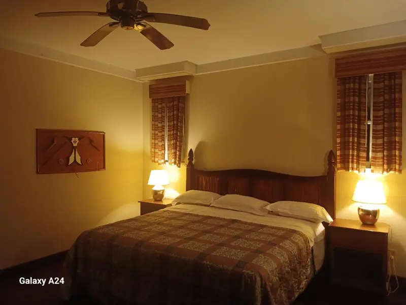 Une chambre lumineuse avec un grand lit et des lampes de chevet.