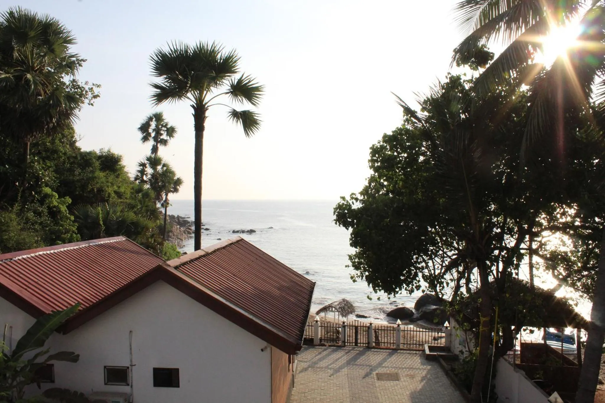 Vue sur la mer depuis un jardin tropical avec des bâtiments aux toits rouges.