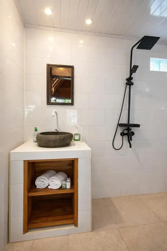 Une salle de bain moderne avec douche à l'italienne et vasque en pierre.