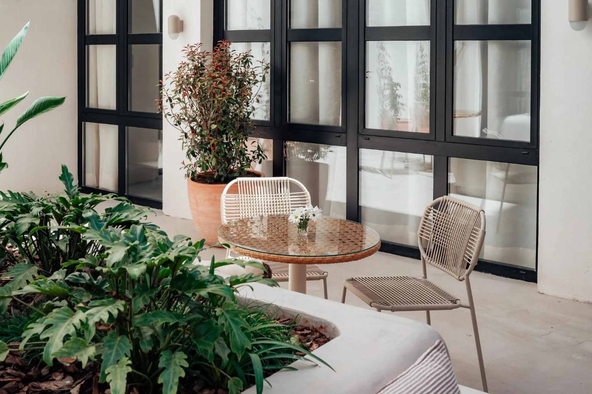 Une table ronde et deux chaises en osier se trouvent sur une terrasse ombragée par des plantes.