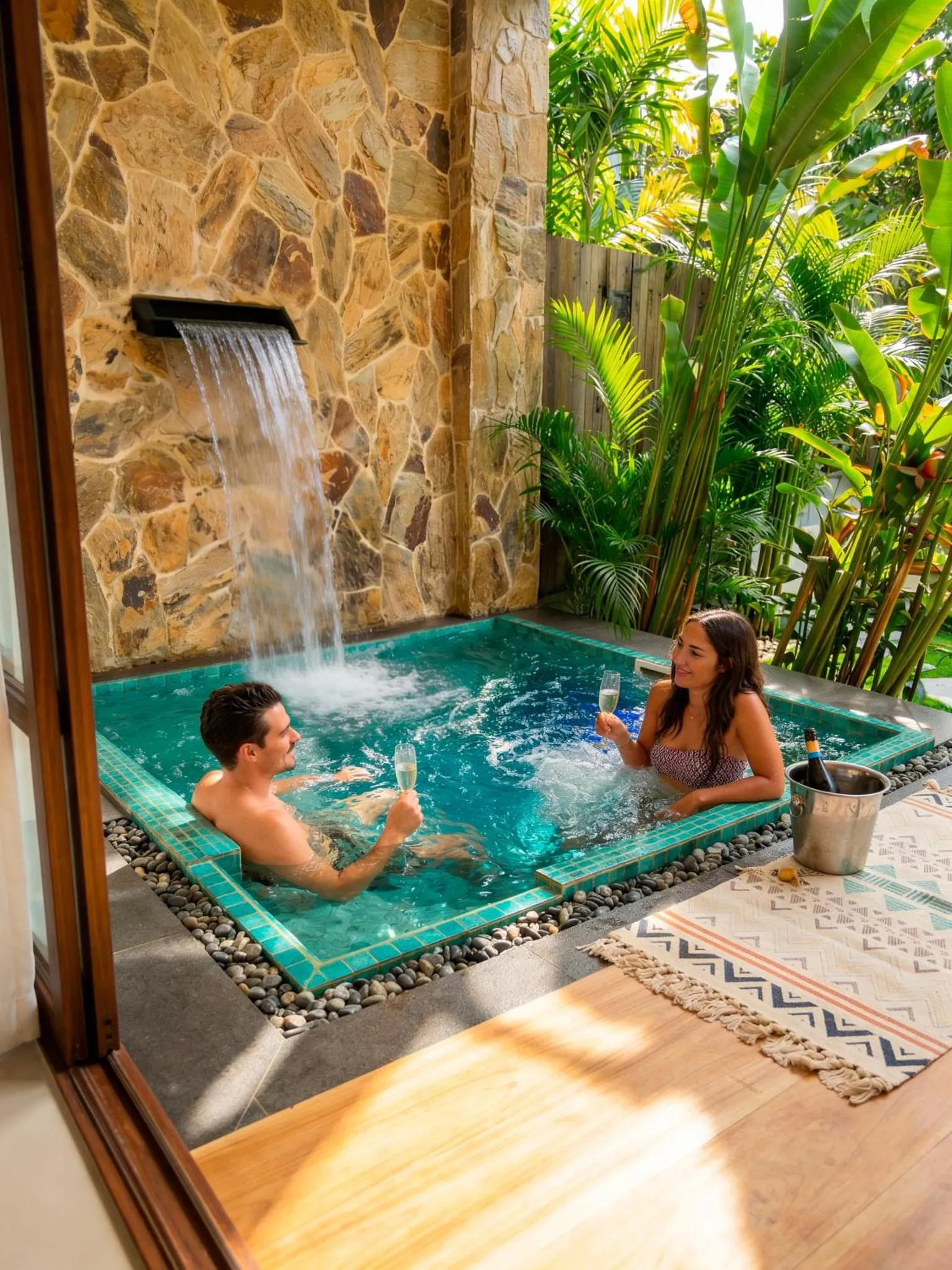 Un couple se détend dans un bain extérieur avec une cascade et de la végétation luxuriante.