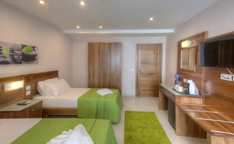 Chambre lumineuse avec deux lits simples et un tapis vert.