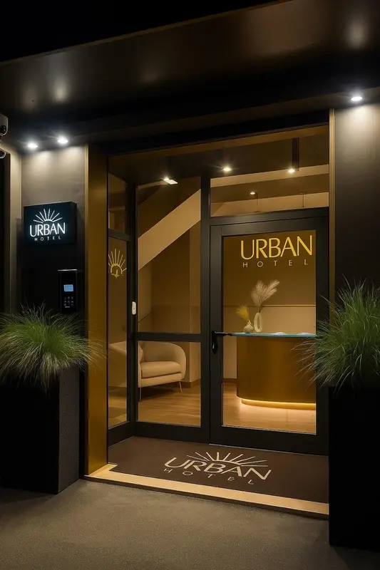 Entree d'un hotel moderne avec un éclairage chaleureux et une décoration minimaliste.