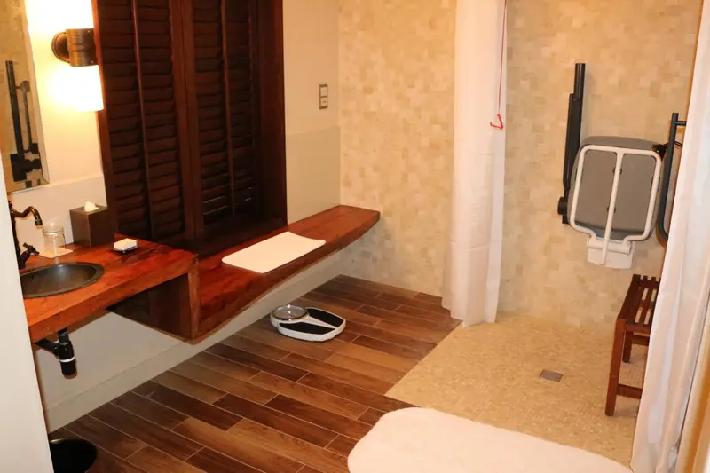 Une salle de bain avec douche à l'italienne et meuble en bois.
