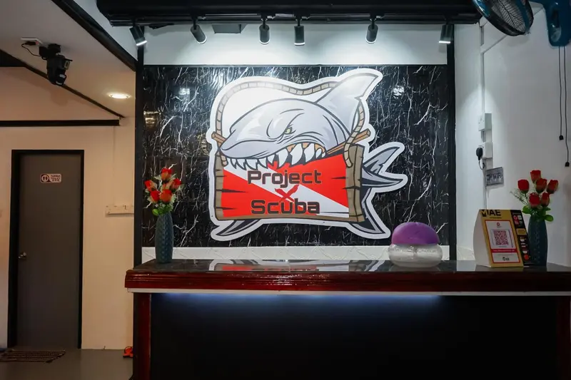 Un comptoir d'accueil décoré d'un grand graphique de requin.