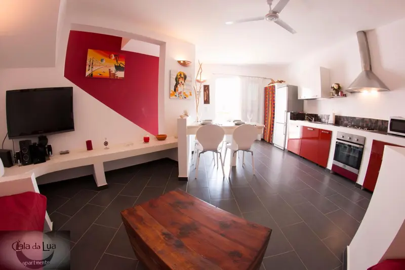 Espace de vie lumineux avec canapé, table à manger et cuisine équipée.